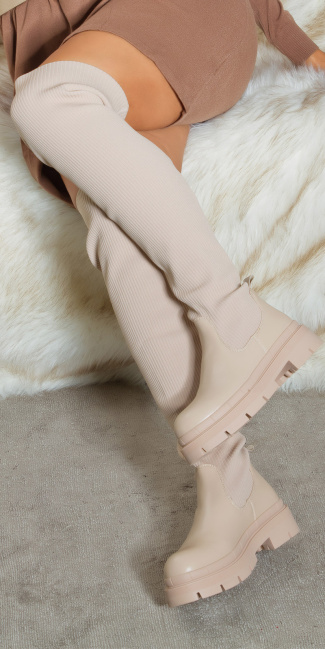 Trendy Musthave ribbed flat Overknee Boots Beige